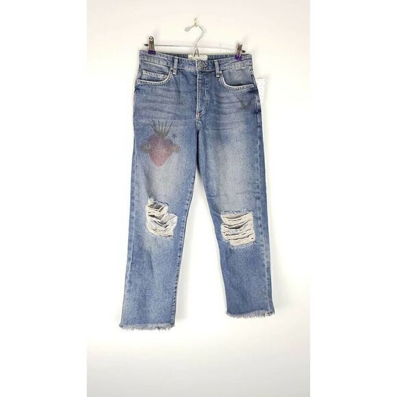 Free People Jeans Sz 26 Boyfriend Blue Tattooed Heart Distressed Crop Denim NWT - Picture 7 of 7